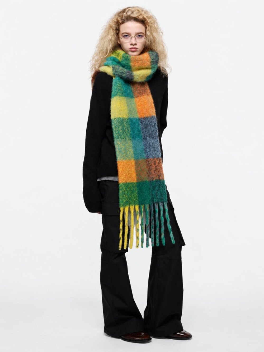 Plaid Scarf Multicolor Fuzzy Fringe Oversized Le31 Par Simons Y2K